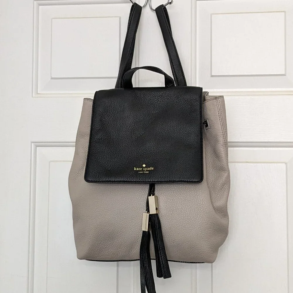 Kate Spade New York Leila Pebble Leather Drawstring Flap Backpack Beige Black